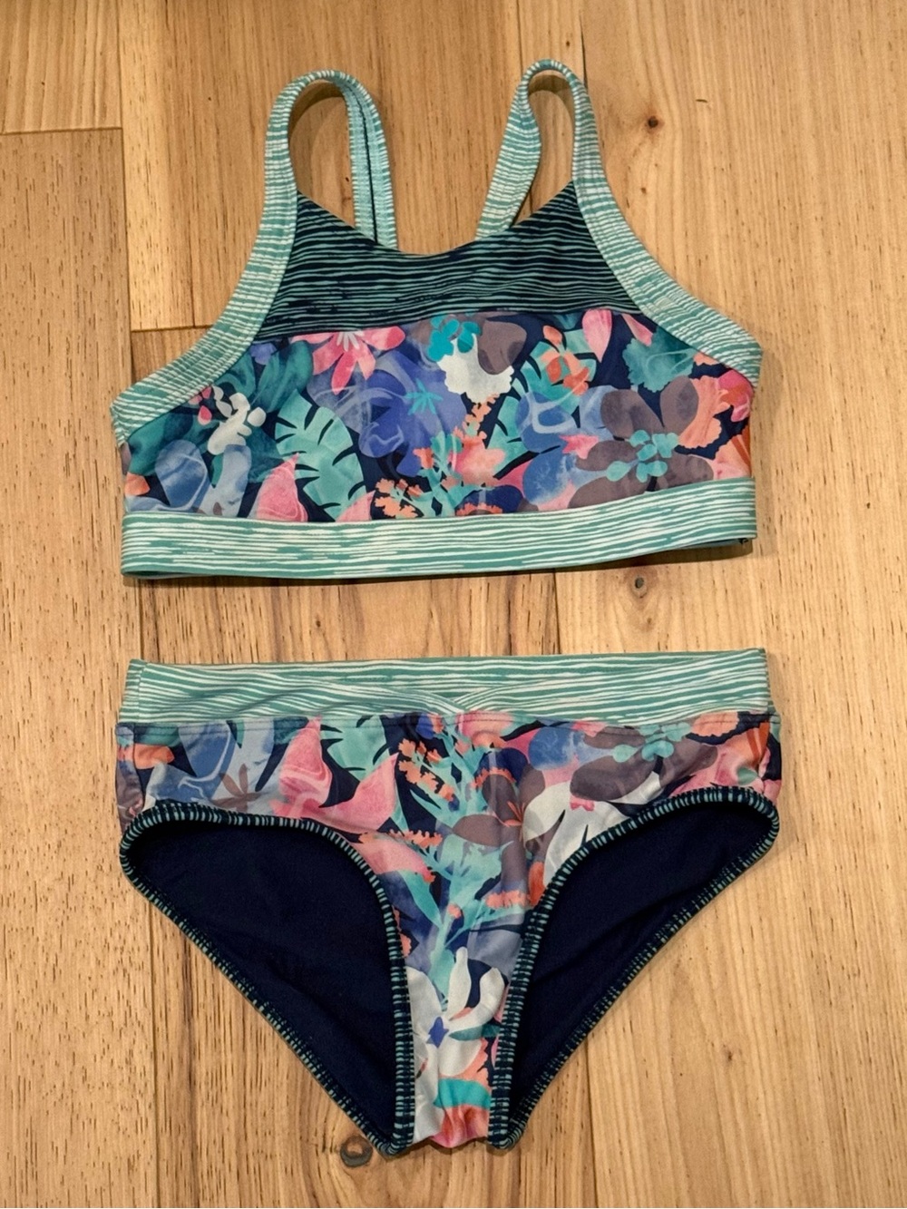 Athleta Girls Floral Teal Navy Pink Bikini Set